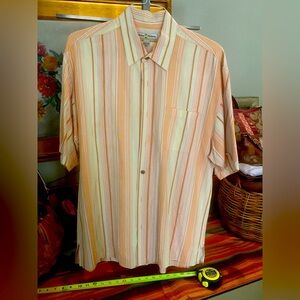 Tommy Bahama Rust Yellow Multicolor Stripe Linen Cotton Short Sleeve Shirt - L